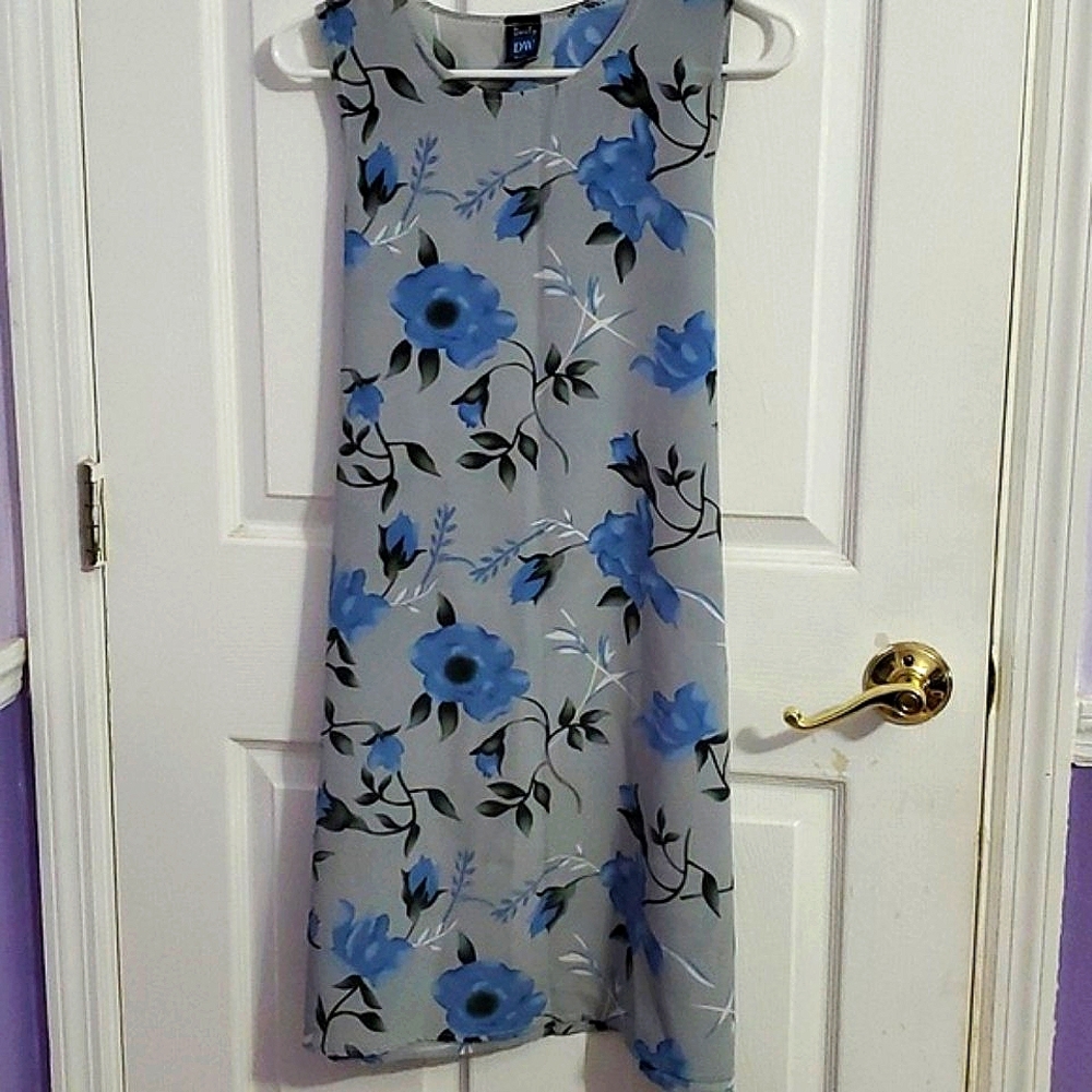 Daily Wear 90s Retro Gray & Blue Floral Sleeveless Shift Mini Dress M